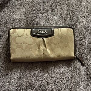 Coach Signature Tan and Brown Zip Wallet